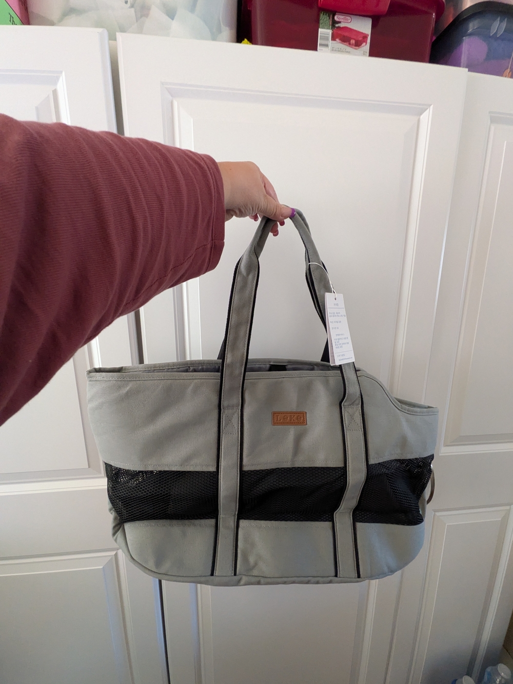 Canvas Tote Bag with Mesh Panel - Gray